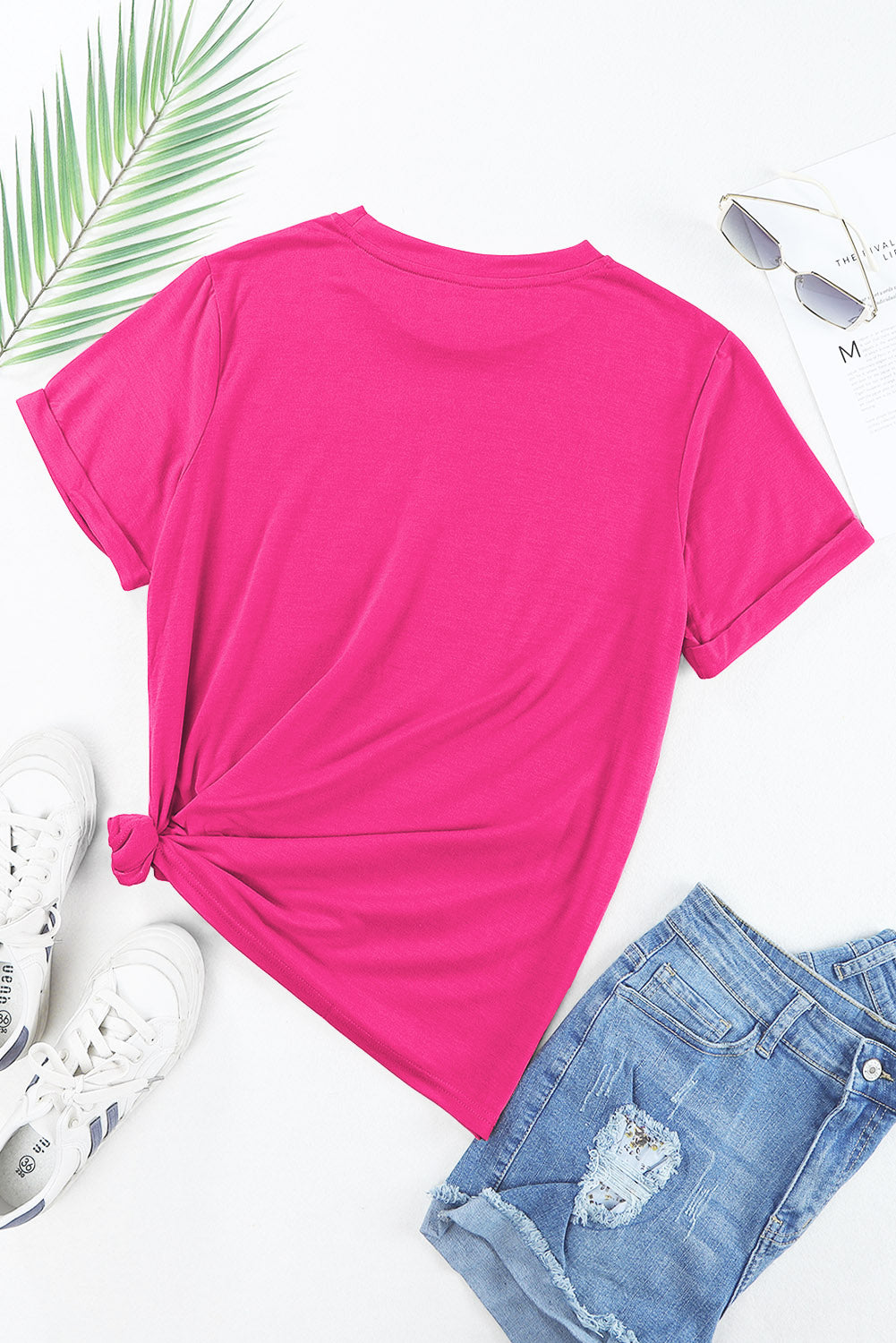 Rose Red Solid Color Crew Neck Roll Up Sleeve Tee