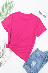 Rose Red Solid Color Crew Neck Roll Up Sleeve Tee