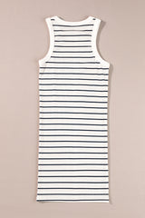 White Stripe Ribbed Knit Tank Mini Dress