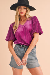 Bright Pink V-Neck Short Puff Sleeve Blouse