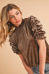 Camel Ruched Puff Sleeve Frilled Neck Velvet Blouse