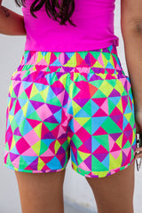 Multicolor Geometric Elastic High Waisted Shorts for Women