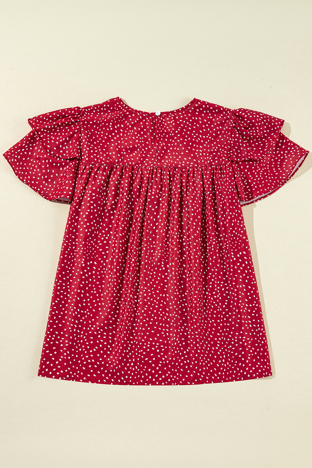 Fiery Red Spotted Print Pleated Ruffle Sleeve Blouse