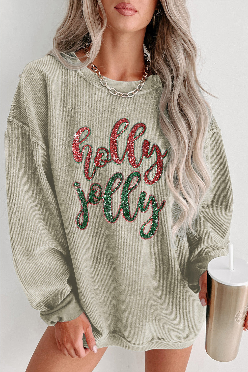 Green Corduroy Christmas Tree Sequin Graphic Sweatshirt