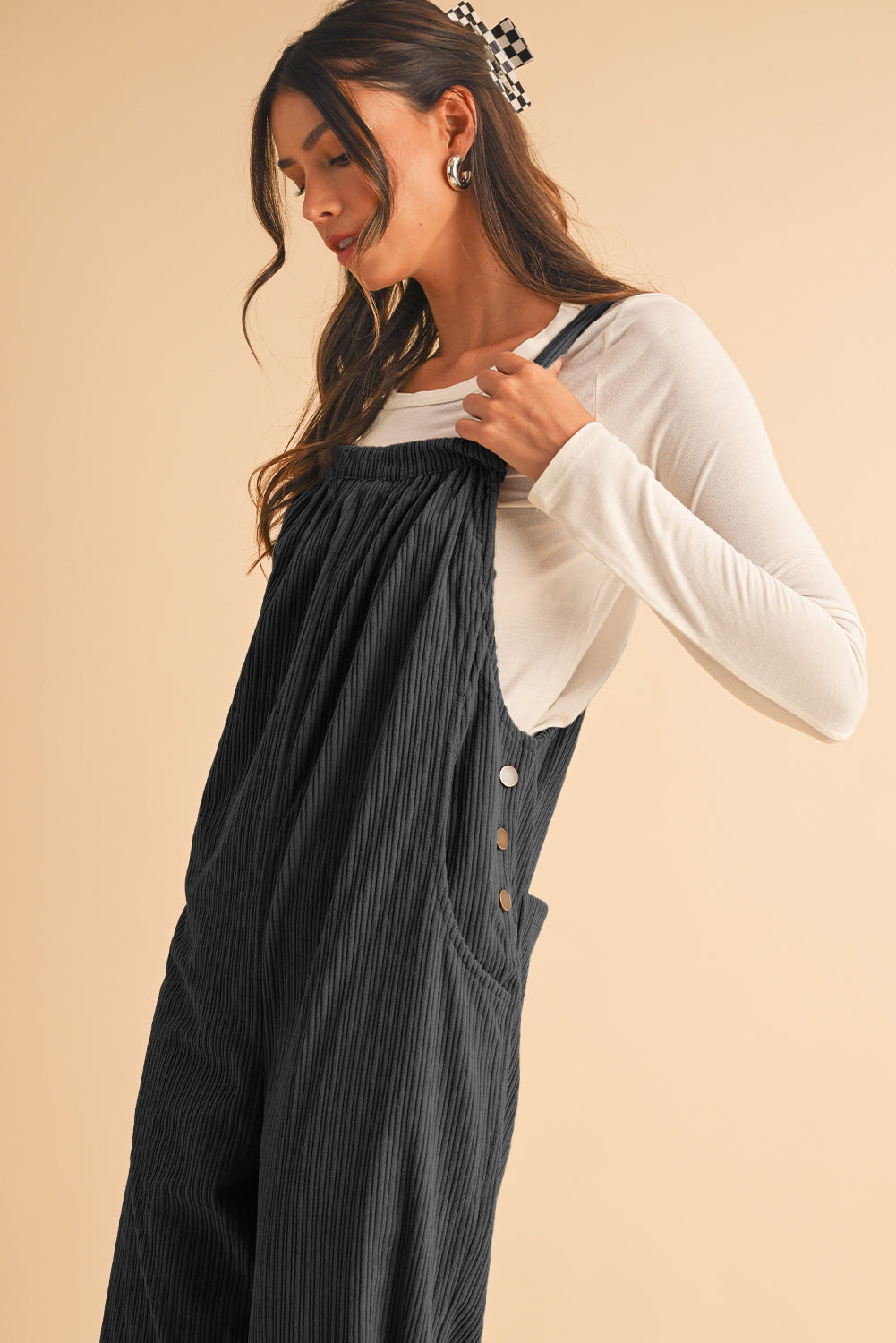 Black Plain Pocketed Loose Fit Corduroy Overalls