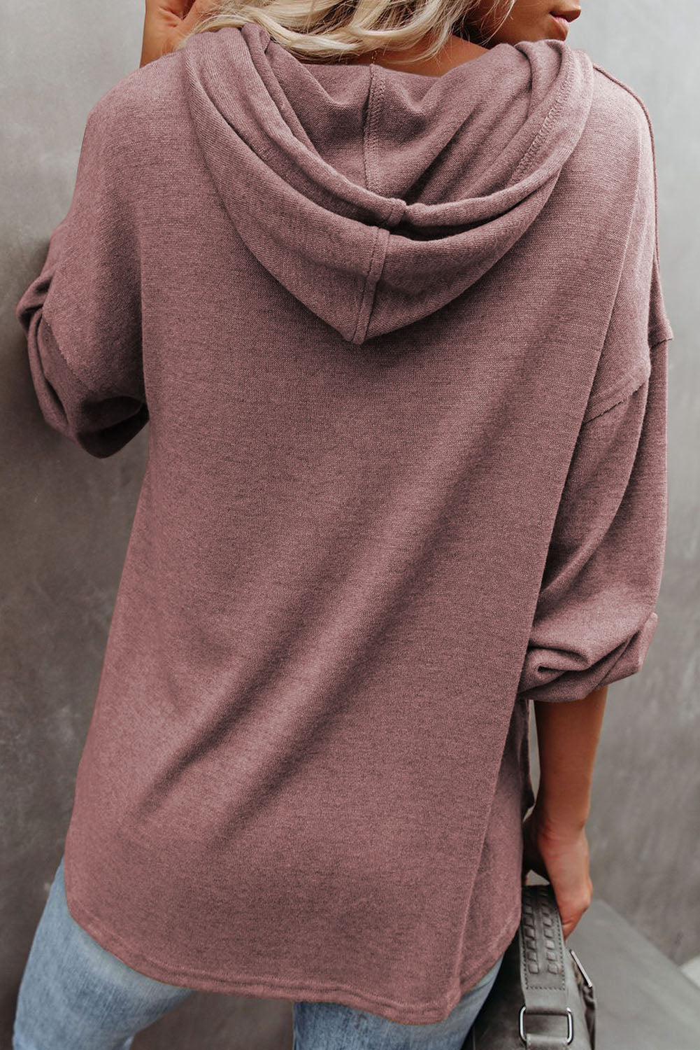 Red Casual Button High Low Hem Drawstring Hoodie