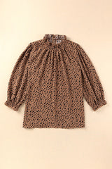 Brown Leopard Print Frill Neck 3/4 Sleeves Blouse