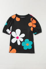 Black Colorful Flower Print Bubble Sleeve Tee