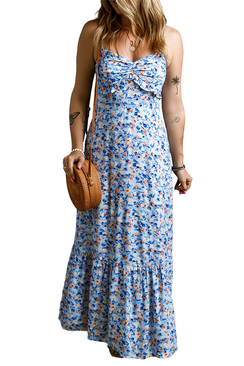 Sky Blue Floral Print Spaghetti Strap Ruffled Ruched Maxi Dress