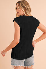 Black Solid Color Wavy Textured Cap Sleeve Top