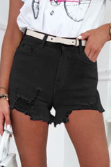 Black Solid Color Distressed Denim Shorts