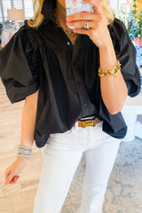 Black Ruched Puff Sleeve Loose Buttoned Up Blouse