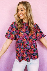 Multicolor Floral Print Round Neck Puff Sleeve Blouse