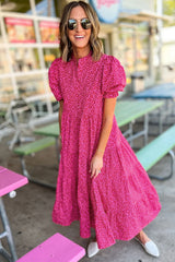 Rose Red Mock Neck Puff Sleeve Floral Tiered Maxi Dress