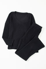 Black Slouchy Ribbed Knit V Neck Top & Pants Loungewear Set