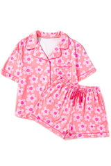 Pink 60s Flower Print Buttoned Shirt and Drawstring Waist Pajama Set