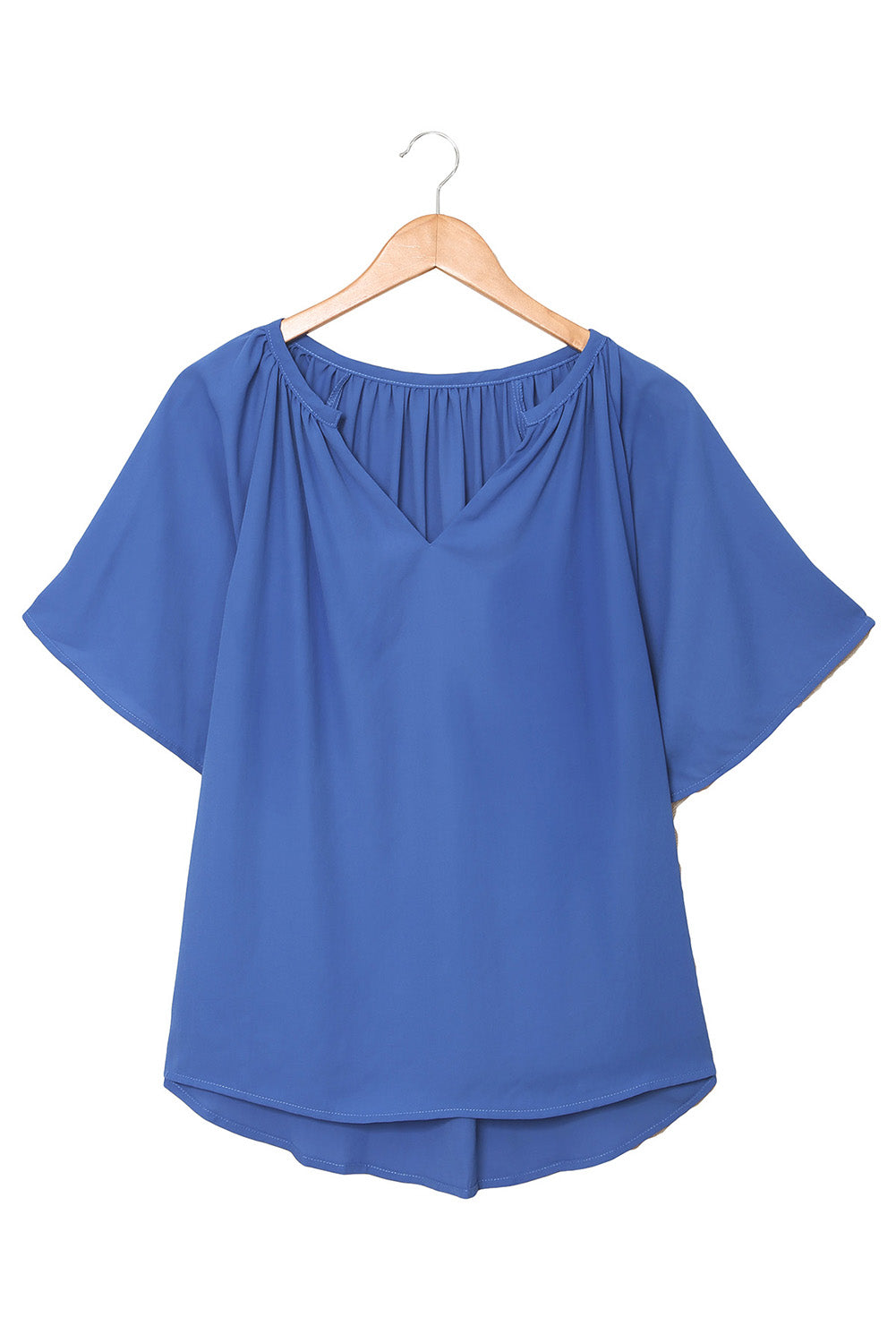 Blue Casual Split Neck Pleated Loose Short Sleeve Blouse