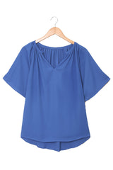 Blue Casual Split Neck Pleated Loose Short Sleeve Blouse