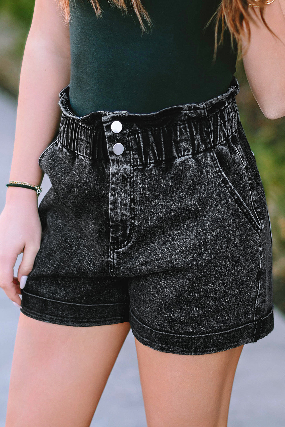 Black Vintage Washed Frilled High Waist Denim Shorts