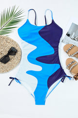 Sky Blue Color Block Drawstring Sides One Piece Swimsuit