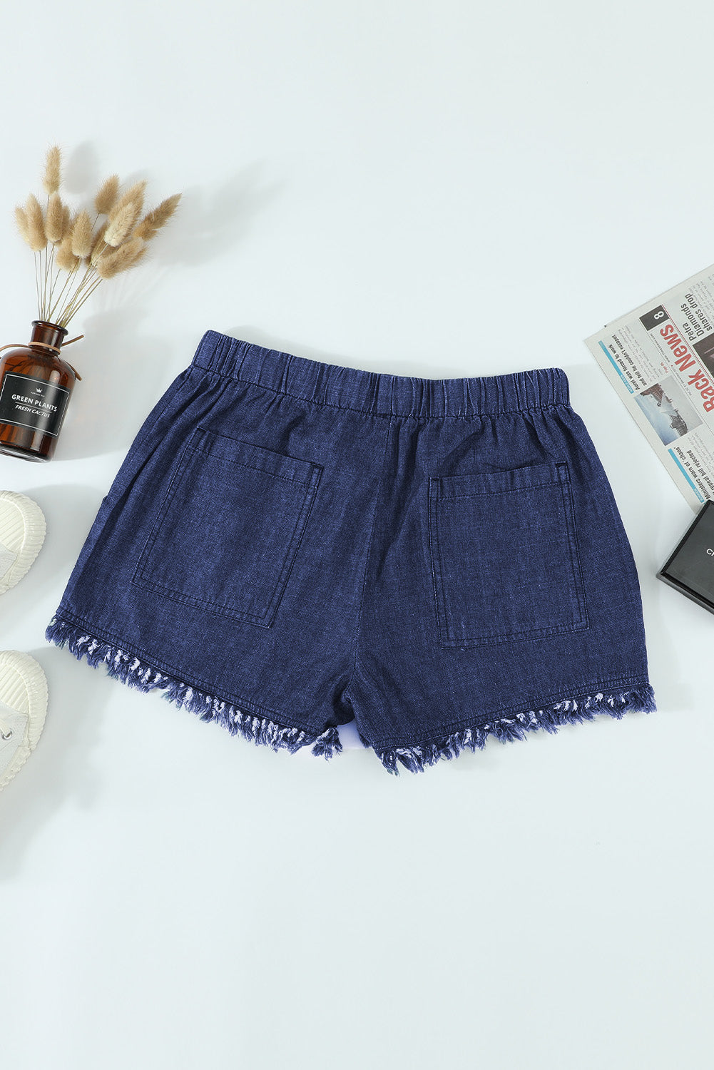 Dark Blue Casual  Frayed Pocketed Denim Shorts