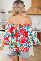 Multicolor Floral Print Off Shoulder Wide Sleeve Blouse