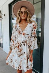 White Floral Print V Neck Flutter Half Sleeve Empire Waist Dress