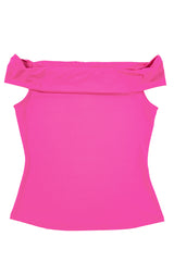 Bright Pink Solid Color Folded Off Shoulder Slim Blouse