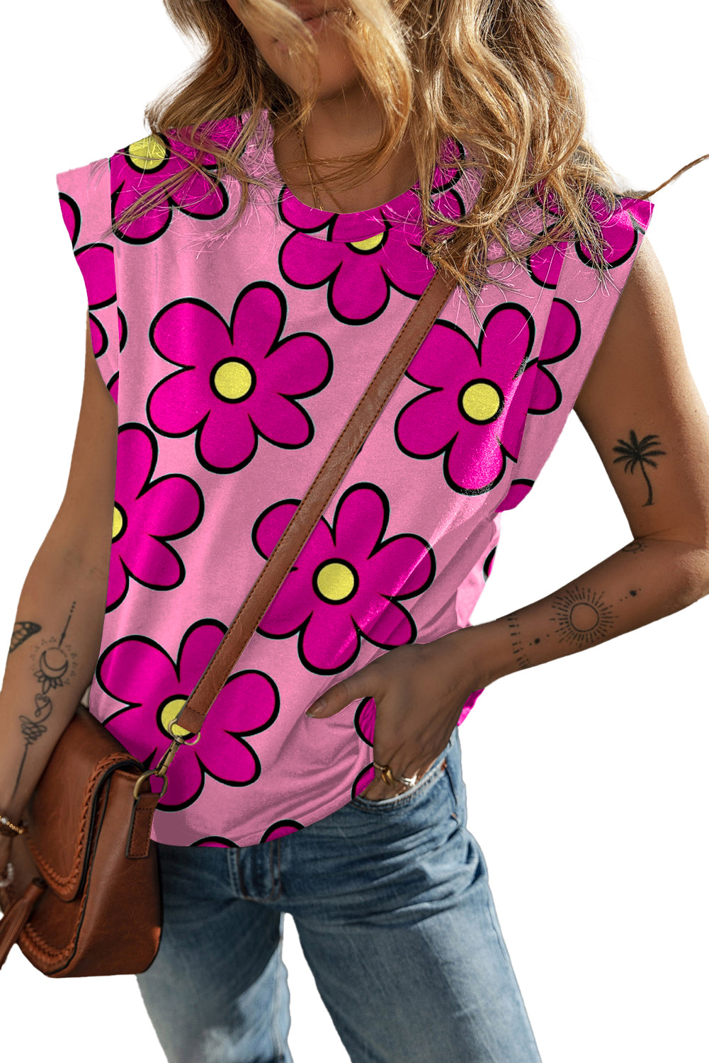 Pink Flower Print Round Neck Cap Sleeve T Shirt