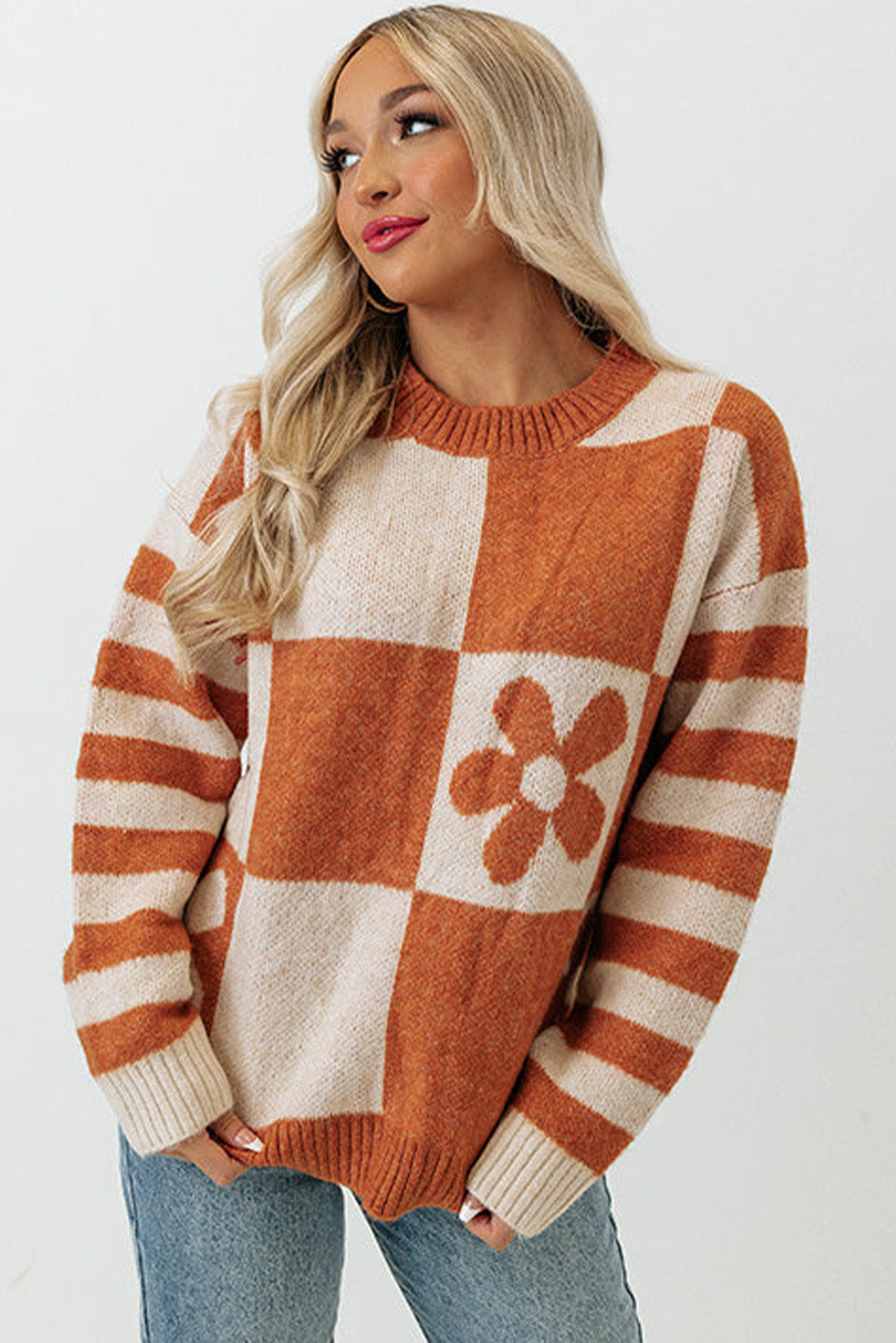 Brown 60s Floral Checkered and Striped Knitted Pullover Sweater