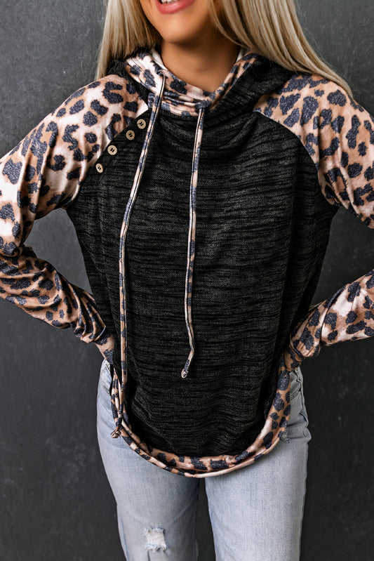 Grey Brushed Casual Leopard Patchwork Drawstring Hoodie