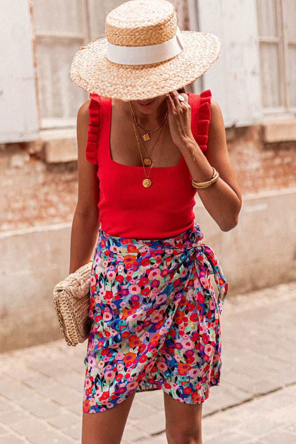 Red Floral Print Wrapped Lace Up Mini Skirt