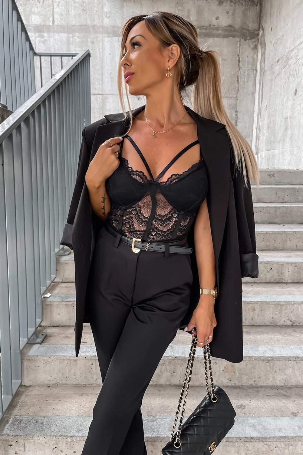 Black Spaghetti Straps Lace Panel Bodysuit