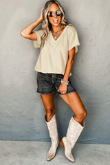 Apricot Solid Color Crinkled V Neck T Shirt