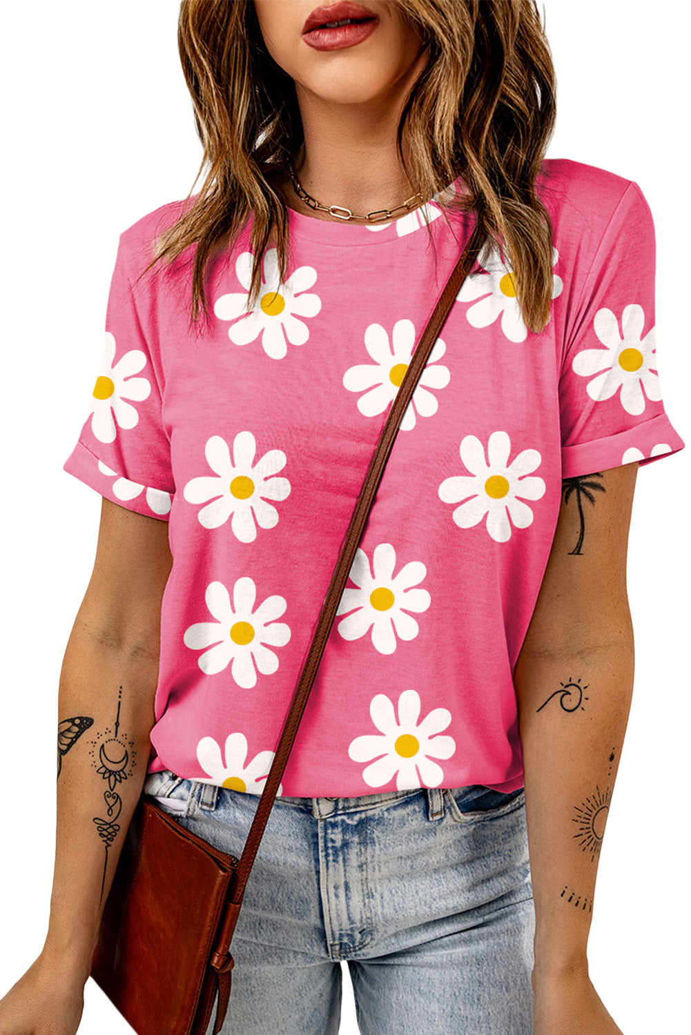 Pink Daisy Print Crewneck T Shirt