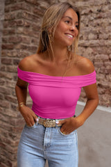 Bright Pink Solid Color Folded Off Shoulder Slim Blouse