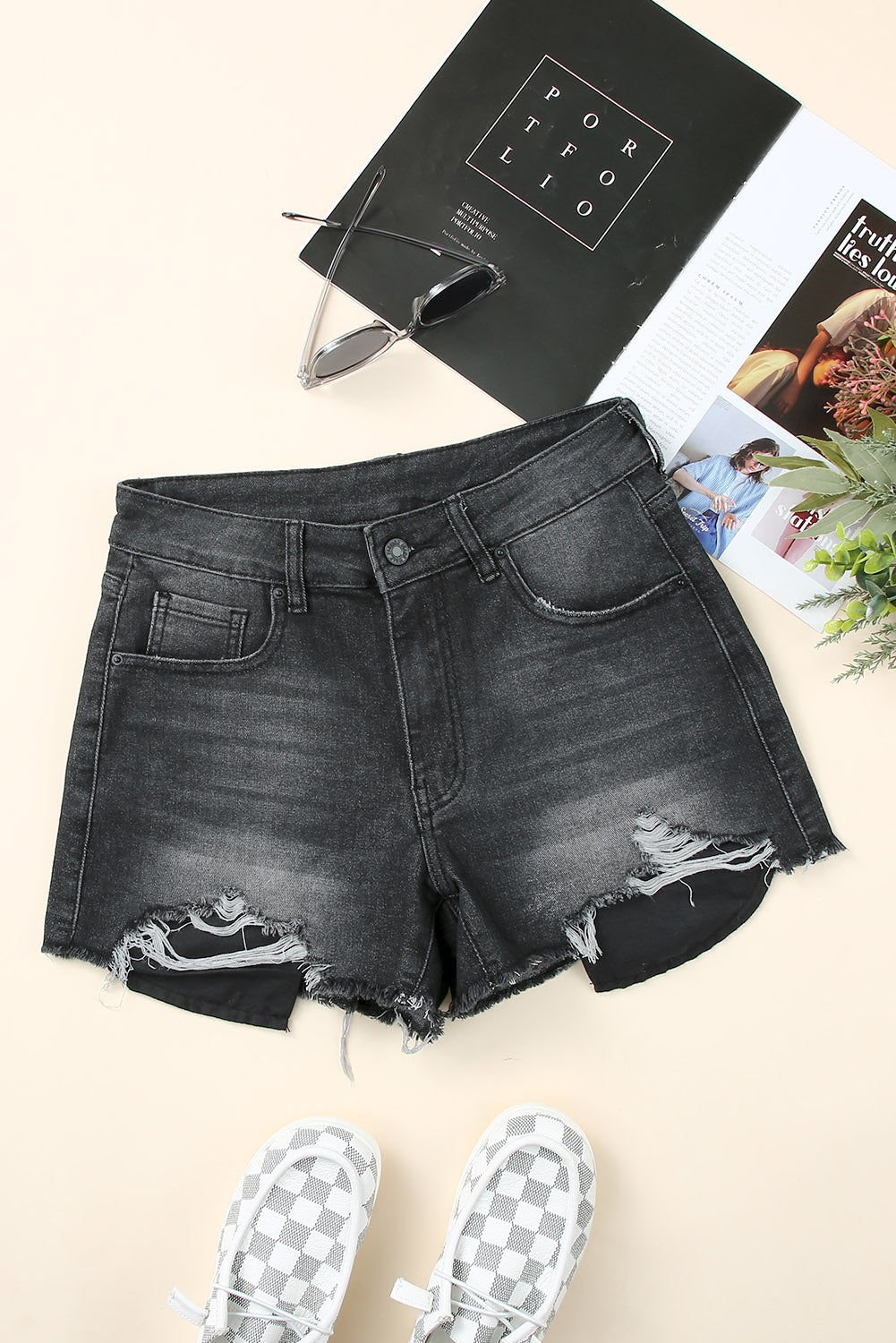 Black Frayed Distressed Denim Shorts