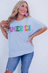 Mist Blue AMERICA Letter Patched Split Loose T Shirt