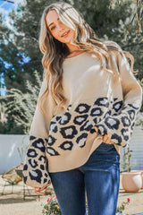 Khaki and Animal Print Color Block Raglan Sleeve Knit Pullover Sweater