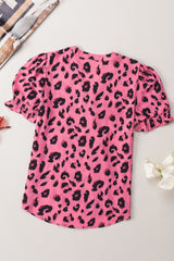 Pink Leopard Print V Neck Smocked Puff Sleeve Blouse