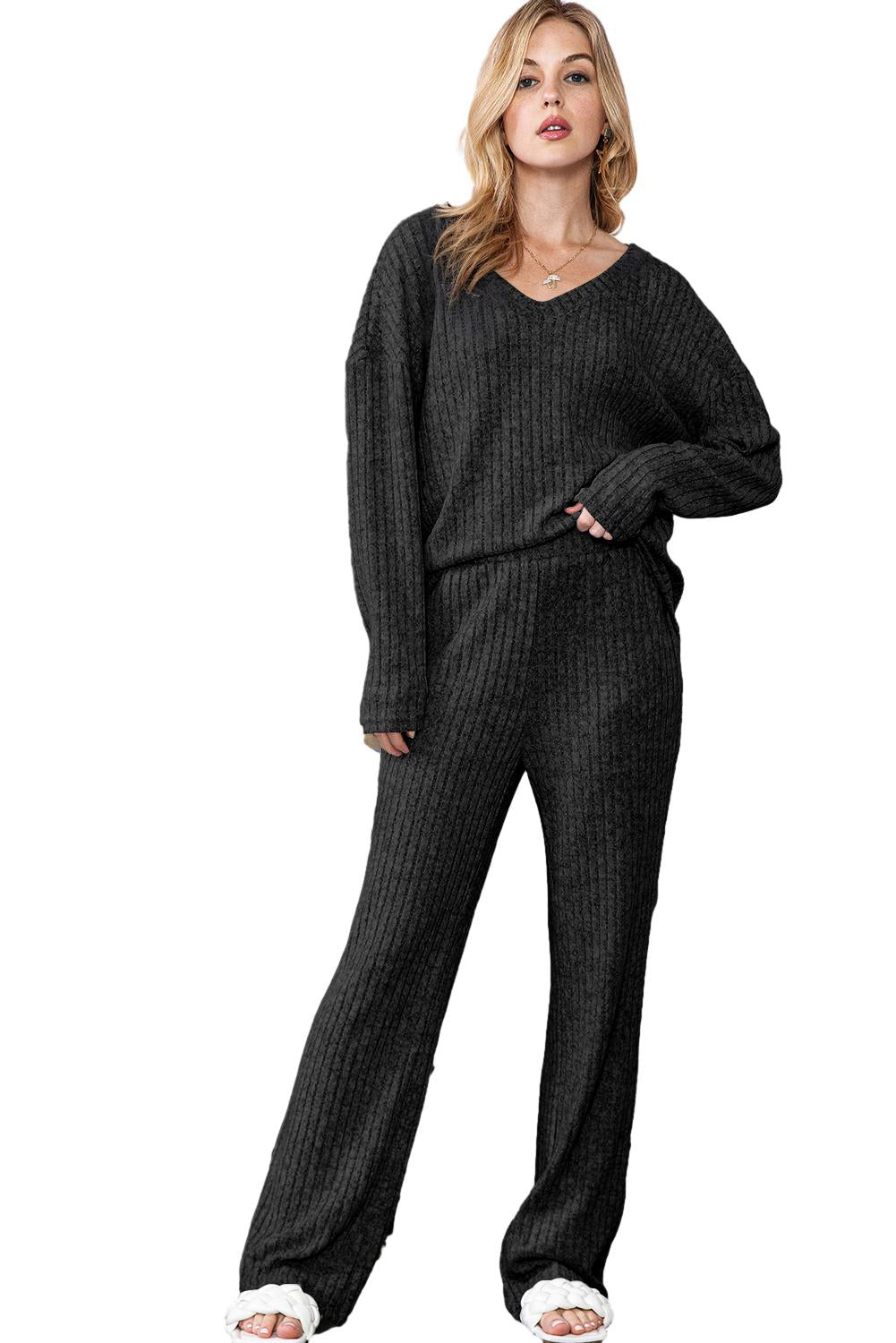 Black Slouchy Ribbed Knit V Neck Top & Pants Loungewear Set