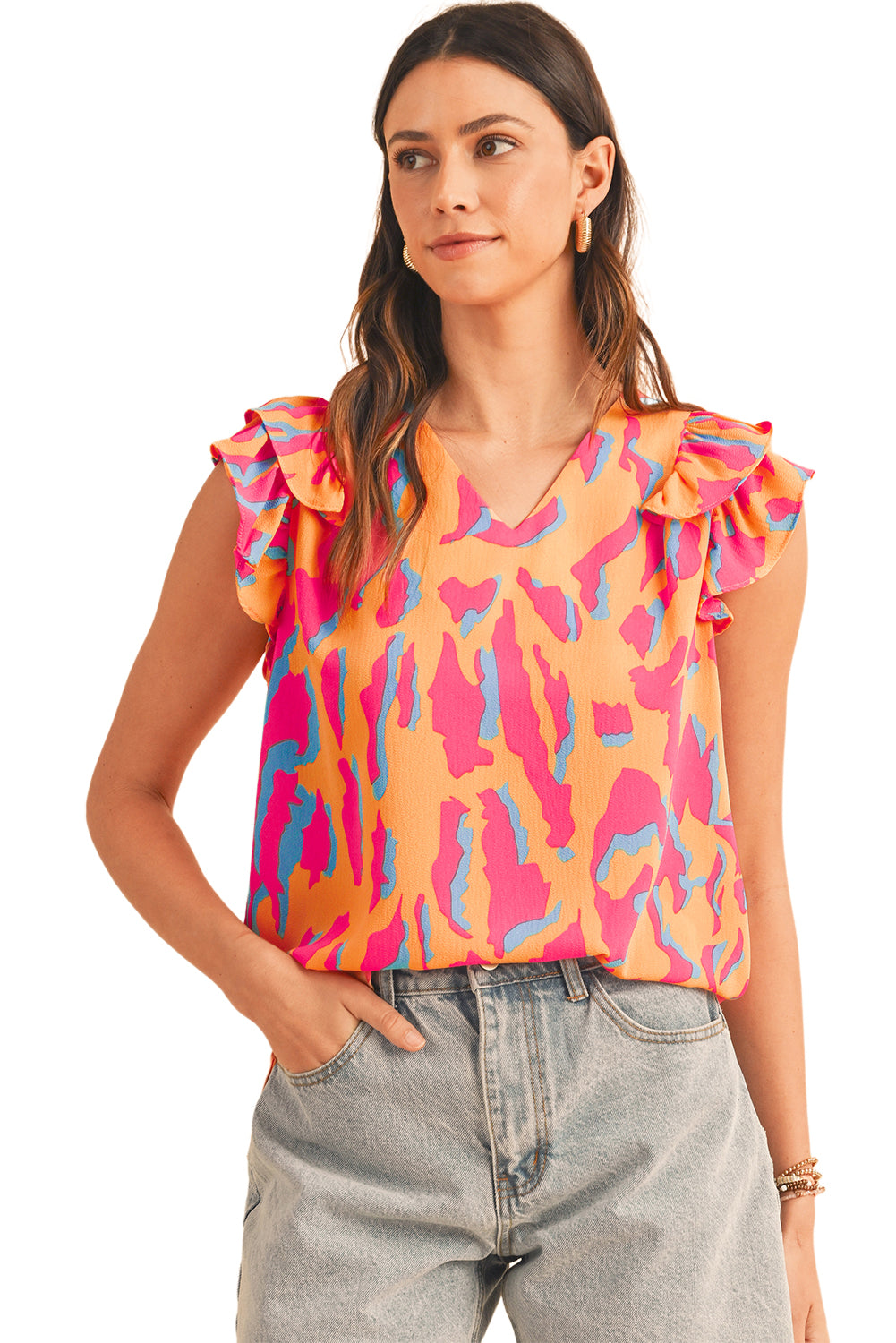 Orange Abstract Print V Neck Ruffled Sleeve Blouse