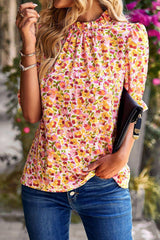 Orange Floral Boho Frill Mock Neck Blouse