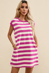 Rose Stripe Cap Sleeve Pocketed T-shirt Dress