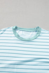 Green Striped Ruffle Cuffs Round Neck T-Shirt