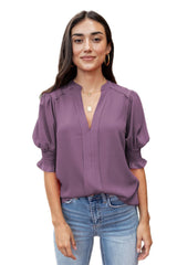 Purple Solid Color Half Sleeve Shirred V Neck Blouse