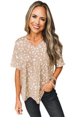 Apricot Leopard Print V Neck Loose T Shirt