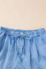 Beau Blue Casual Chambray Drawstring Denim Shorts