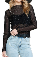 Black Rhinestone Mesh Mock Neck Top