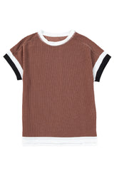 Coffee Ribbed Colorblock Round Neck T Shirt